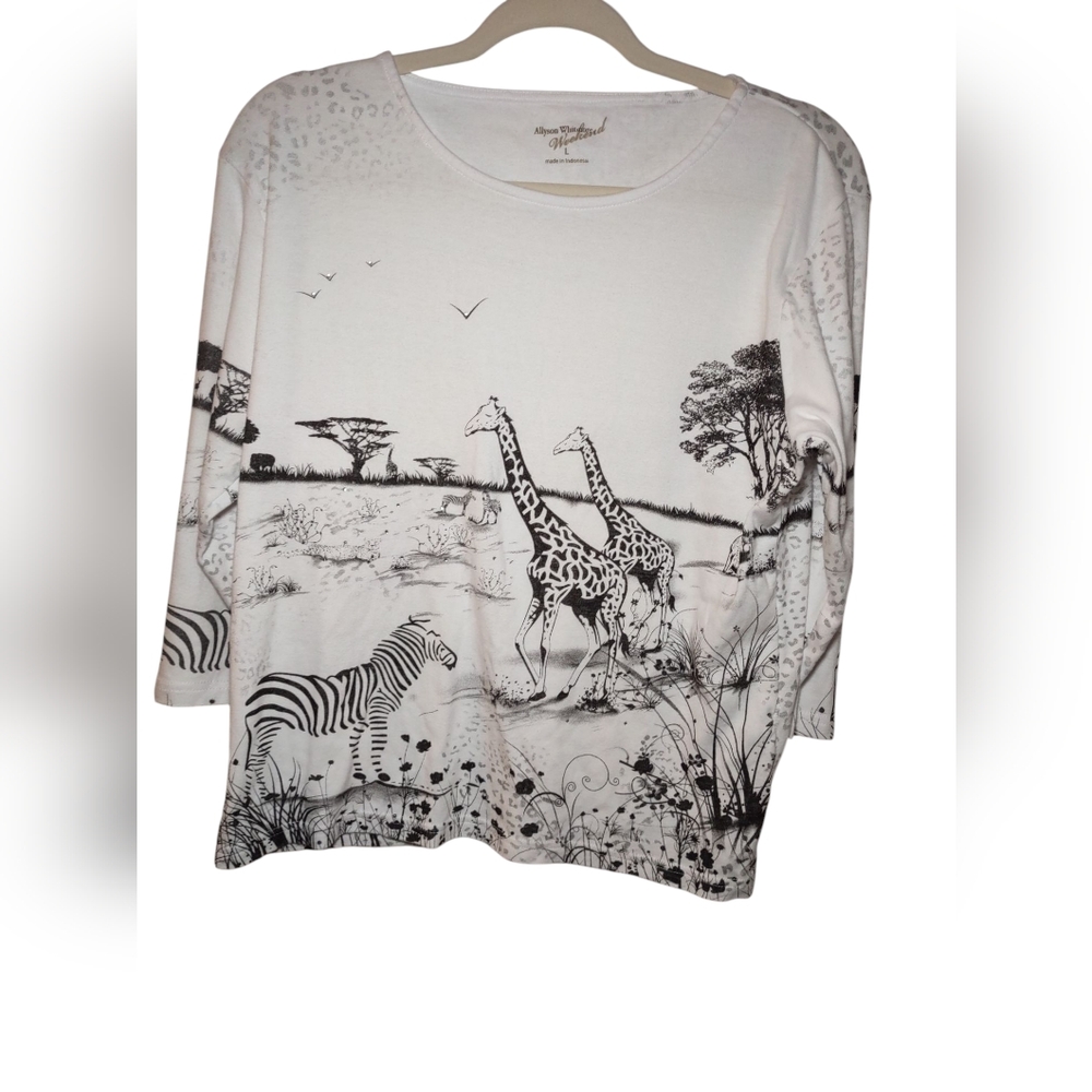 Allyson Whitmore African Serengeti Zebra Elephant  Cheetah Print Top Women Large